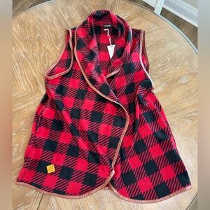 Simply Southern Sleeveless Red Black Plaid Cardigan Wrap with pockets
